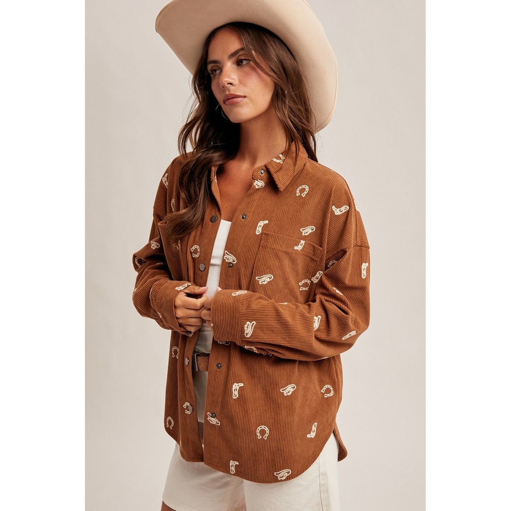 Hem & Thread Cowgirl Embroidery Corduroy Shacket Brown Western Large NEW